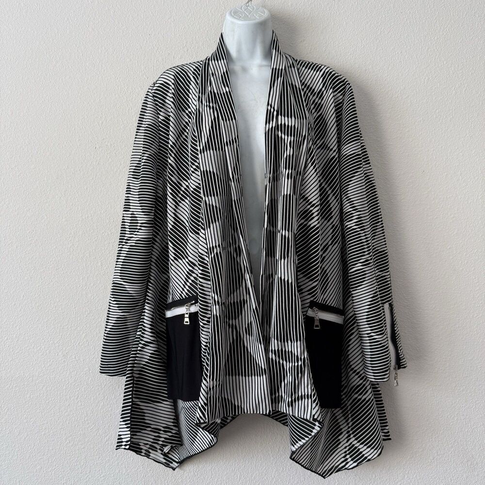 IC by Connie K Cardigan Women’s XL Black & White Striped Sheer Open Front Zip